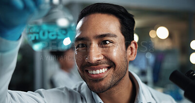 Buy stock photo Beaker, science and smile with man in laboratory at night for breakthrough, development or experiment. Chemical reaction, investigation and solution with scientist at work for innovation or research