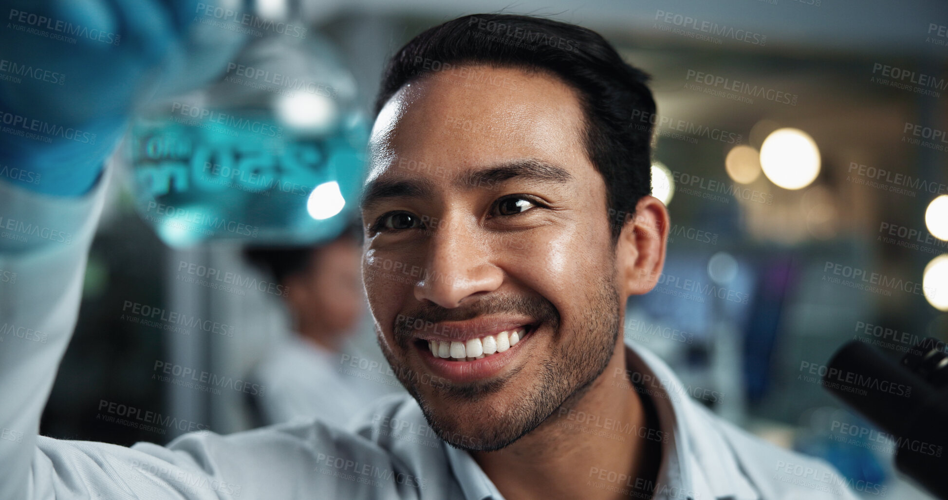 Buy stock photo Beaker, science and smile with man in laboratory at night for breakthrough, development or experiment. Chemical reaction, investigation and solution with scientist at work for innovation or research