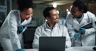 Buy stock photo Man, team and happy scientist with laptop at laboratory for results, progress and medical research. People, group and excited with diversity at night for drugs, vaccine or good news for pharma career