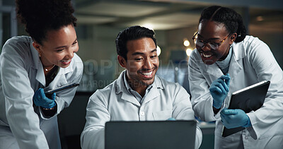 Buy stock photo Man, group and scientist with laptop, smile and laboratory for results, progress or medical research. People, team and tablet with diversity at night for drugs, vaccine or good news for pharma career