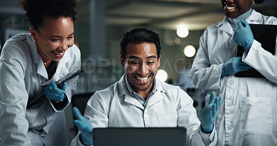 Buy stock photo Man, team and scientist with laptop, smile and laboratory for results, progress or medical research. People, women and tablet with innovation at night for drugs, vaccine or good news in pharma career