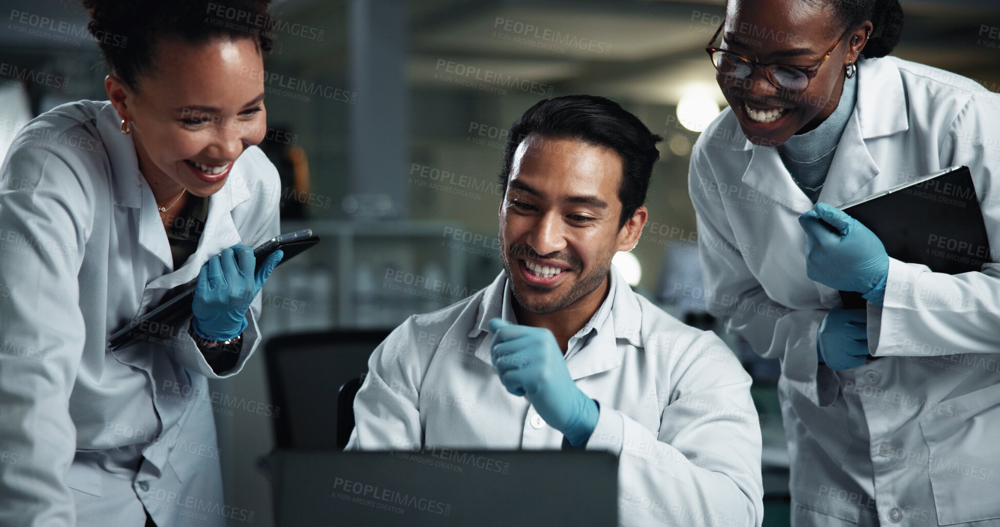 Buy stock photo Man, team and scientist by laptop, excited and laboratory for results, progress or medical research. People, women and tablet with innovation at night for drugs, vaccine or good news in pharma career