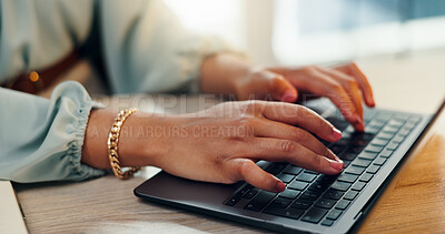 Buy stock photo Business woman, laptop and hands with typing press release in office with digital job. Website, publicity worker and professional with research, working and online planning for project with internet