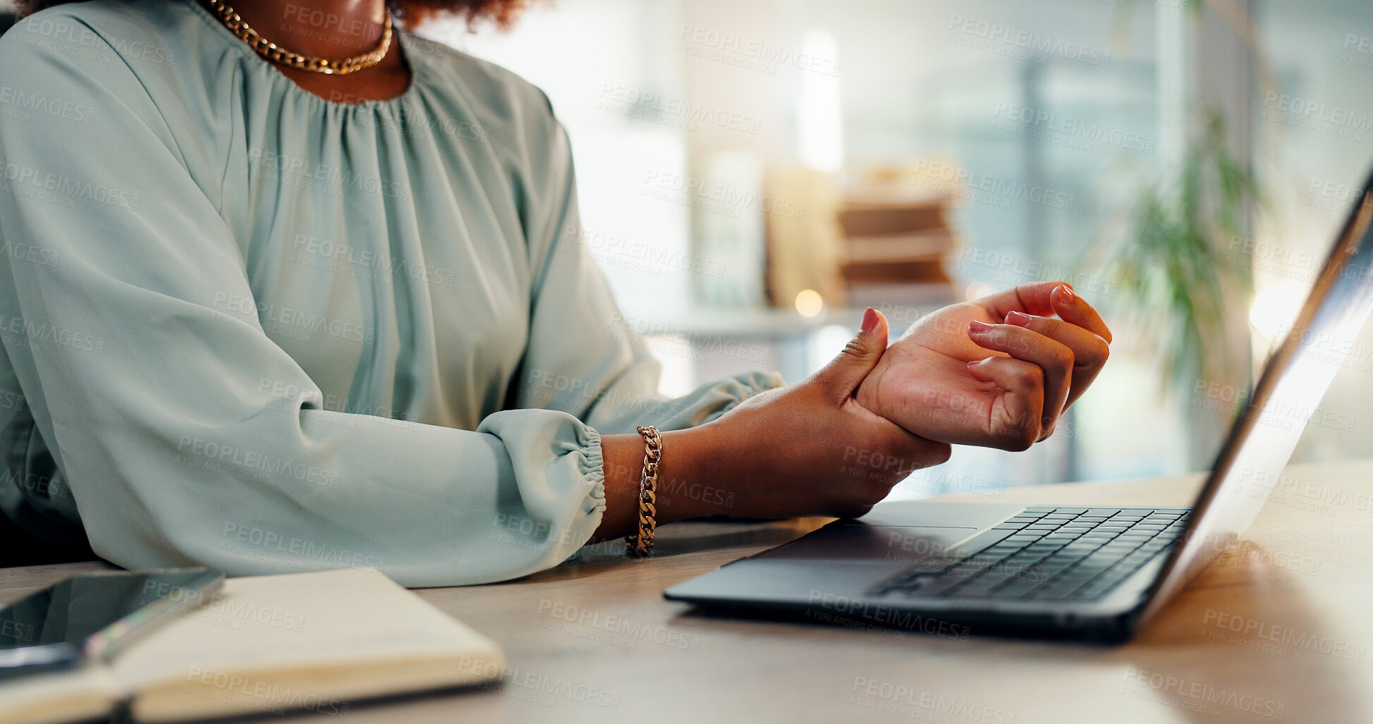 Buy stock photo Business woman, hands and wrist injury with laptop for pain, discomfort or carpal tunnel syndrome at office. Closeup, female person or employee with sore palm for joint inflammation, sprain or strain