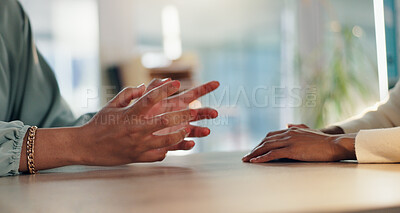 Buy stock photo Person, hands and therapist with patient for consultation, advice or help for talk, consolidation or discussion at office. Closeup, employee and consultant with client for counseling or conversation