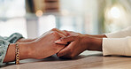 People, hands and empathy with care for consultation, talk or understanding in therapy at office. Closeup, therapist and patient with touch for sympathy, emotion or support for grief, loss or advice