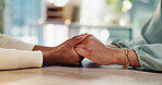 People, hands or empathy with consultation for counseling, understanding or therapy at office desk. Closeup, therapist or patient with touch for sympathy, emotion or support for grief, loss or advice