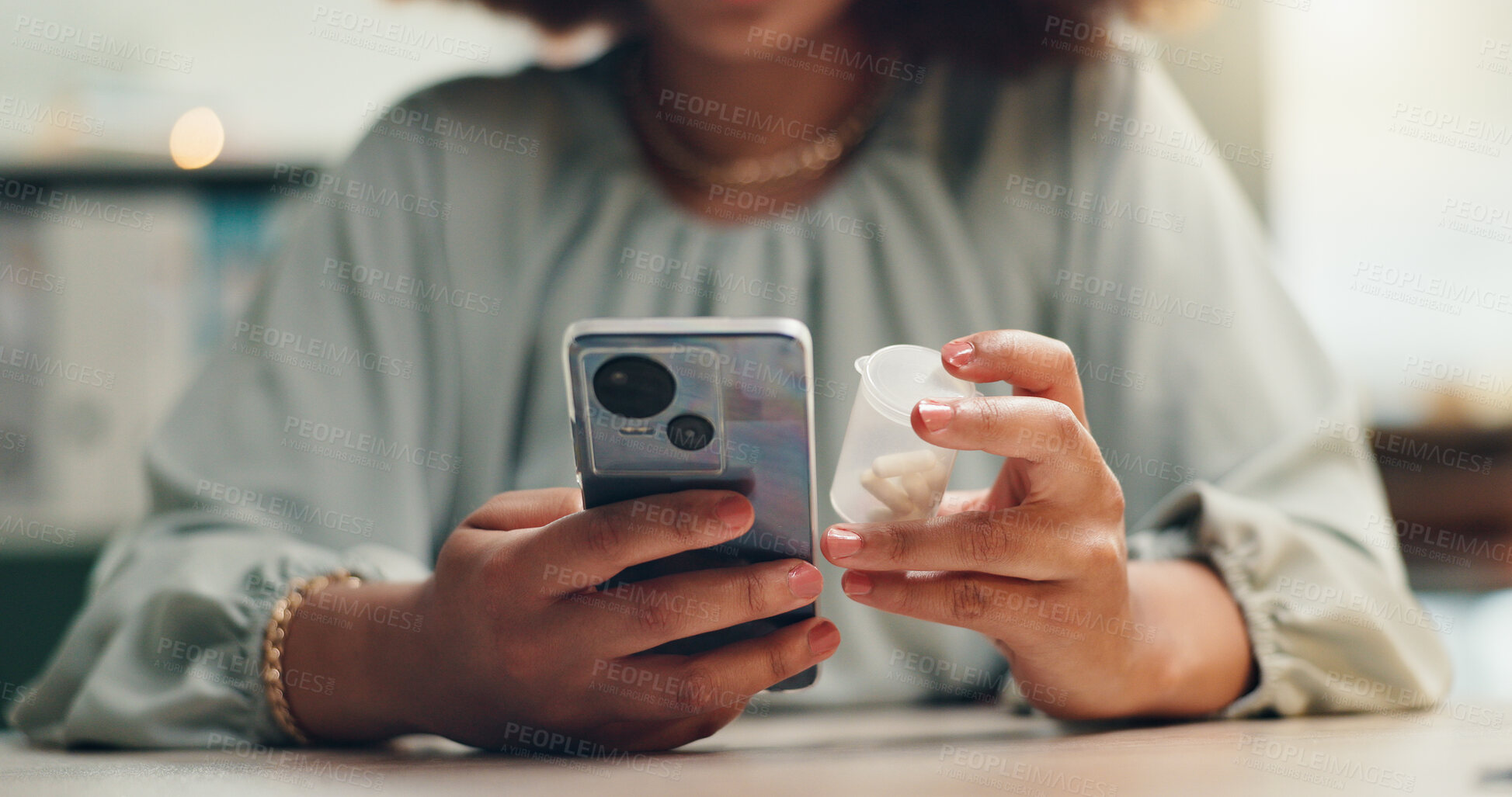 Buy stock photo Woman, hands and phone with medication for medical research, side effects or symptoms at office. Closeup, female person or patient with mobile smartphone or pharmaceuticals for search or telehealth