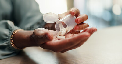 Buy stock photo Person, hands and medication with container or pills for healthcare, cure or pain relief at office desk. Closeup, employee or patient with capsules or pharmaceuticals for dosage or prescription meds