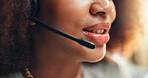 Woman, mouth or consultant with mic at call center for customer support, online advice or consulting at office. Closeup, female person or agent talking with headset for virtual assistance or help