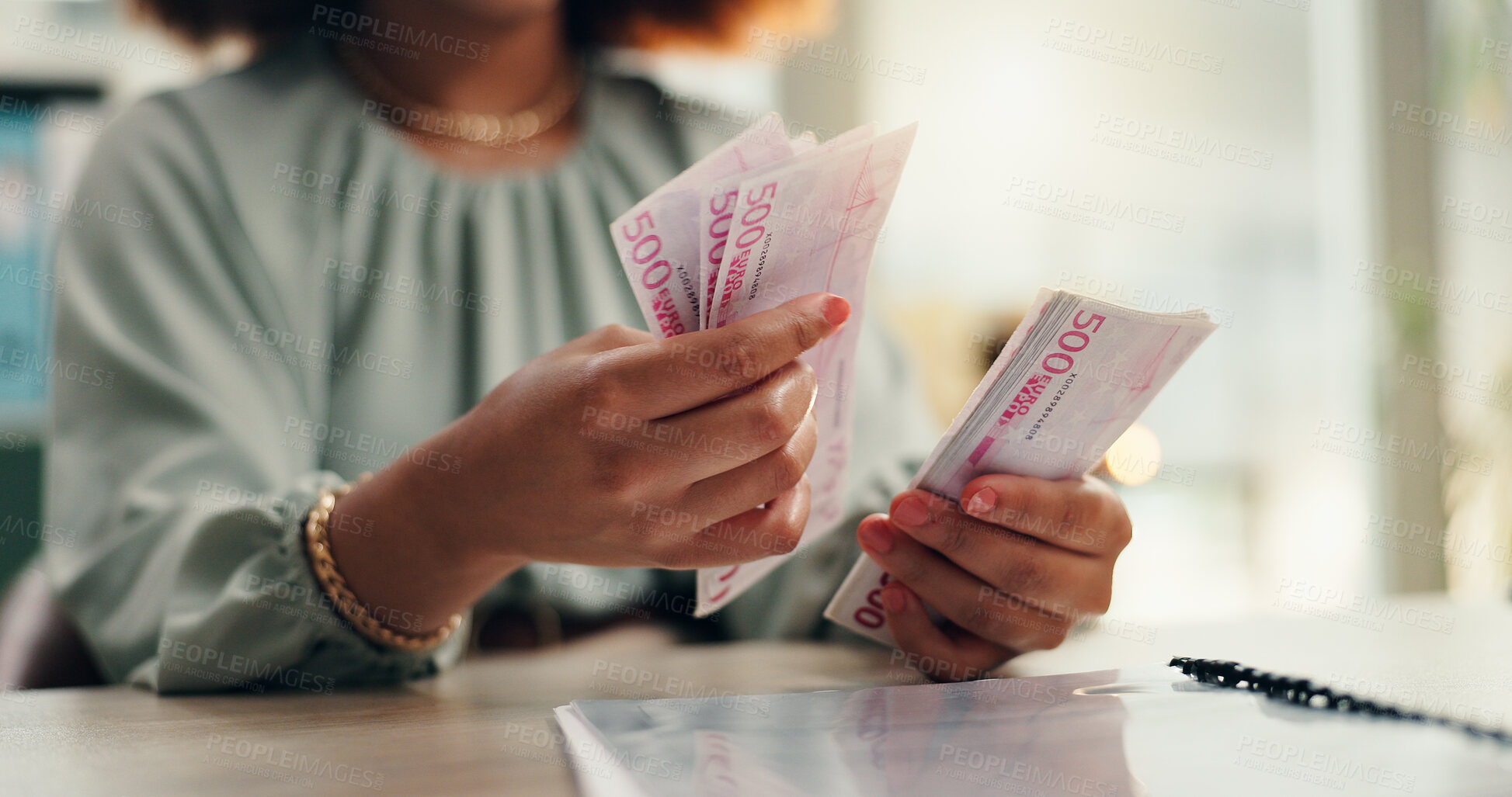 Buy stock photo Woman, hands or accountant counting with cash for finance, profit or salary increase at office desk. Closeup, female person or employee with paper bills, financial savings or investment at workplace