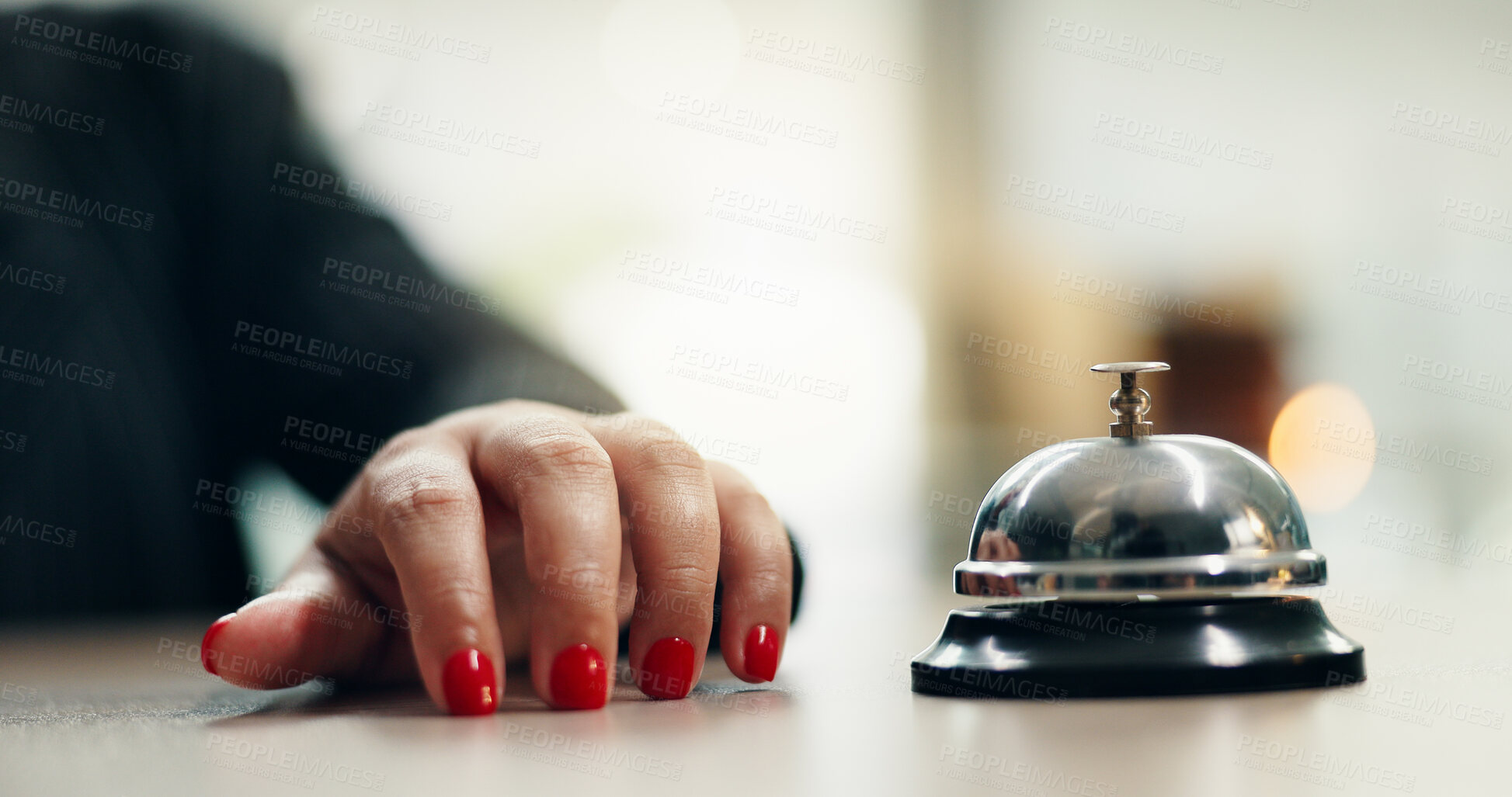 Buy stock photo Hands, bell and woman at hotel reception with attention for customer support and concierge help. Hospitality, check in and lobby with front desk, service and counter with alert for registration