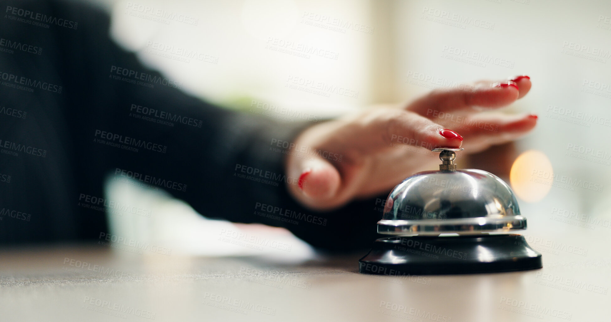 Buy stock photo Hotel, bell and woman hands at reception with attention for customer support and concierge help. Hospitality, check in and lobby with front desk, service and counter with alert for registration