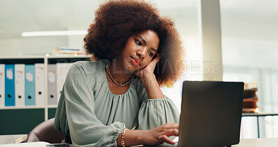 Buy stock photo Accounting, bored and laptop with black woman bookkeeper in office for accounting or financial report. Audit, compliance or tax and finance employee in workplace for online wealth management