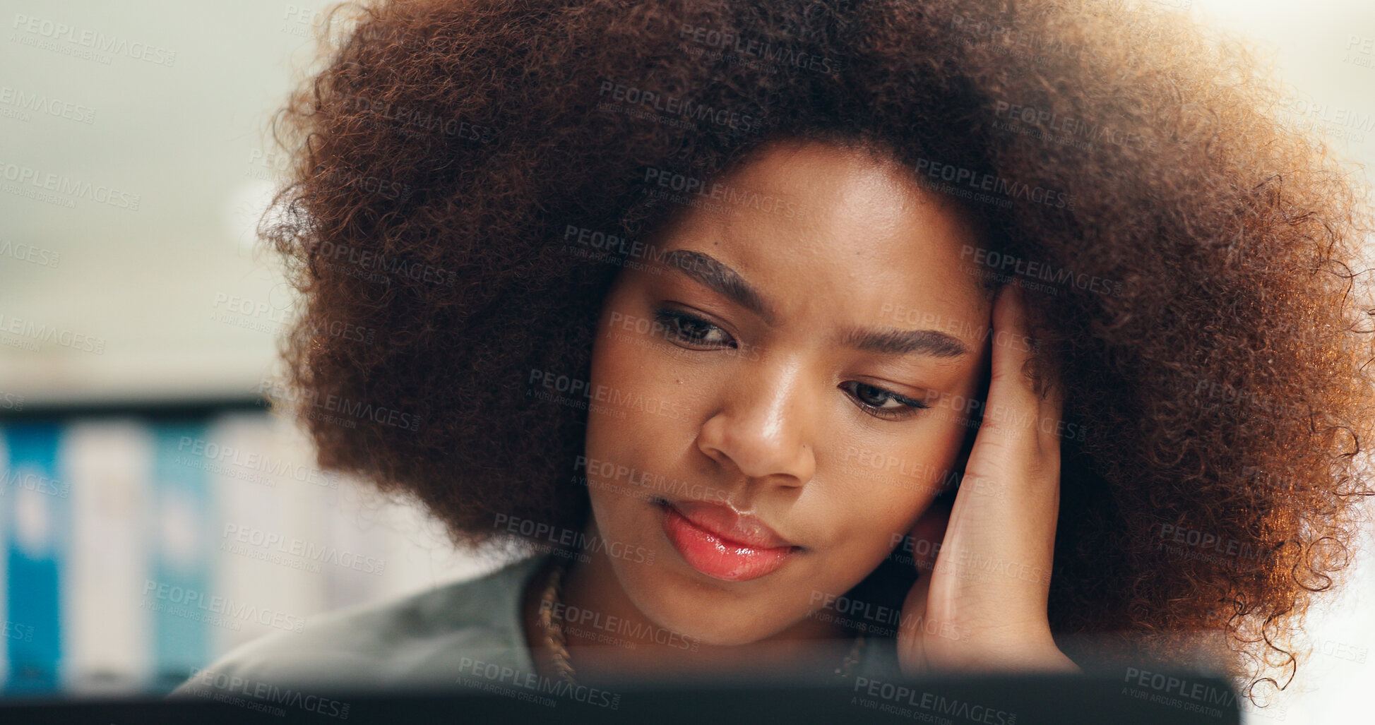 Buy stock photo Business, thinking and black woman with laptop, confused and overworked with online reading. African person, copywriting and employee in office, computer and exhausted with fatigue and tired