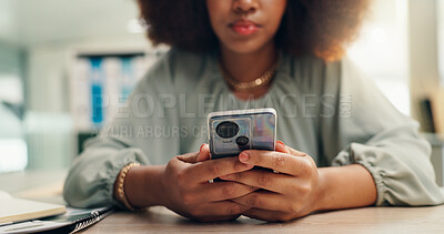 Buy stock photo Hands, phone and woman in home on table to relax, text or check social media blog post online. Closeup, mobile and person on desk for communication, news notification or download chat app on internet