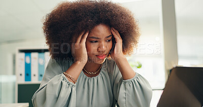 Buy stock photo Bankruptcy, headache and laptop with black woman bookkeeper in office for accounting or financial report. Compliance, debt or stress and finance employee with anxiety or burnout in workplace