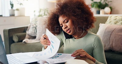 Buy stock photo Woman, documents and phone call with accountant for business, remote work or taxes at home. African person, paperwork or financial advisor on smartphone for budget report, discussion or communication