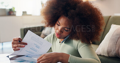 Buy stock photo Woman, documents and phone call with paperwork for business, remote work or taxes at home. African person, accountant or financial advisor on smartphone for budget report, discussion or communication