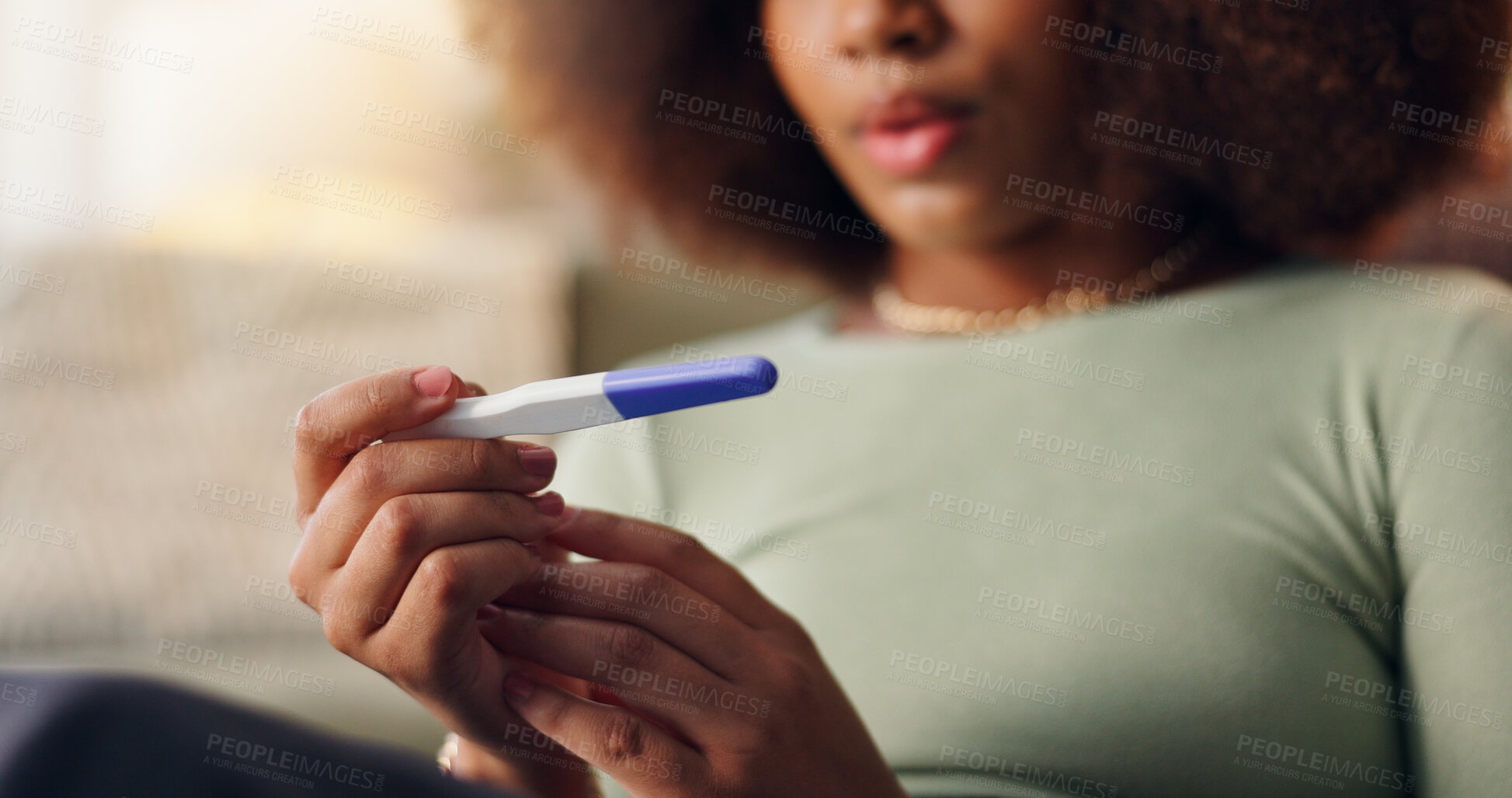 Buy stock photo Pregnancy test, result and waiting with hands of woman in living room of home for detection or screening. Ivf treatment, nervous and ovulation with pregnant person on floor in apartment for fertility