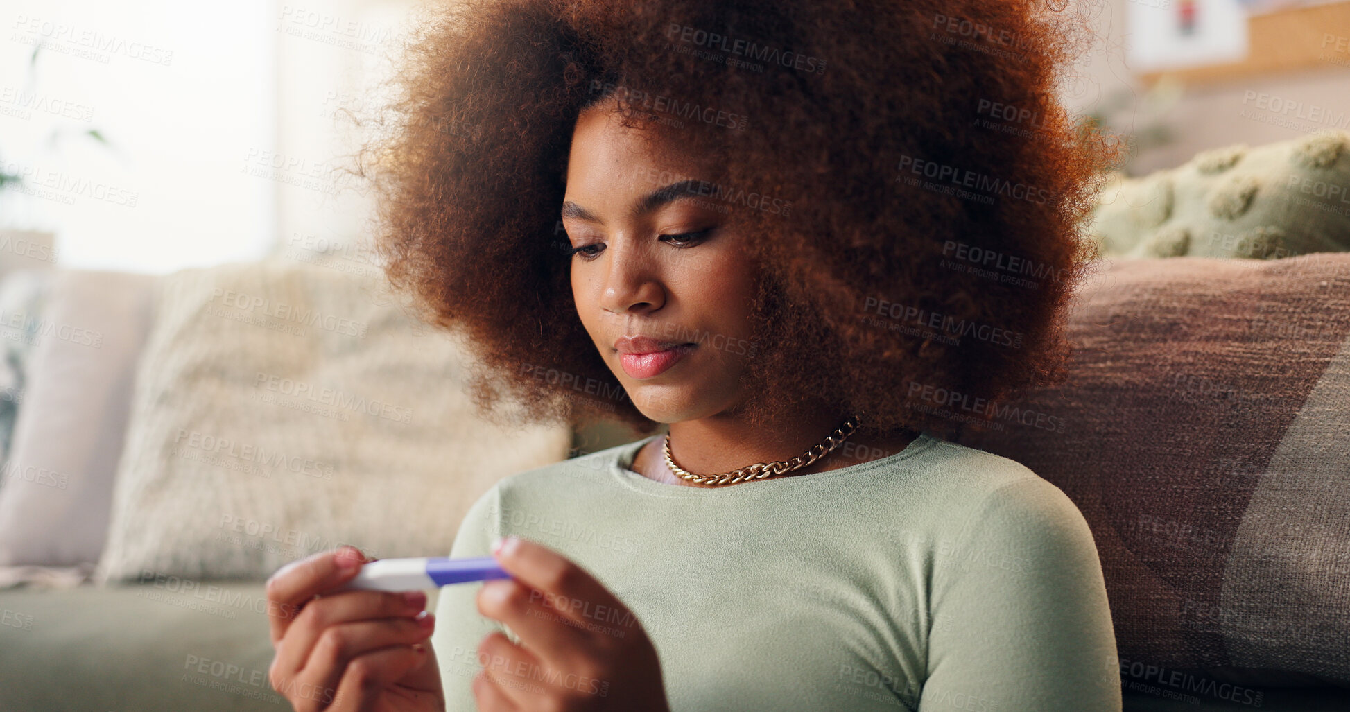 Buy stock photo Pregnancy test, result and waiting with woman on in living room of home for detection or screening. Fertility, ivf and ovulation with pregnant person on floor in apartment for maternal anticipation