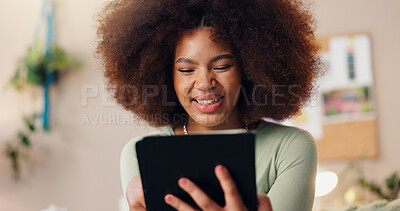 Buy stock photo Tablet, home and African woman smile with social media, scroll and student reading online article for college. Digital, internet and  internet search with blog app, technology and living room