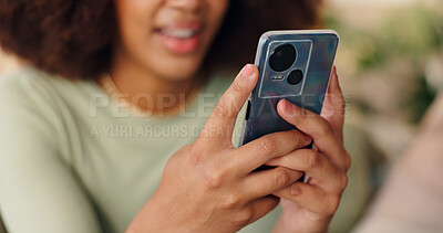 Buy stock photo Hands, mobile and woman in home to relax, texting or check social media blog post online. Closeup, phone or person in living room for communication, news notification or download chat app on internet