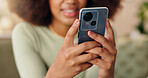 Hands, phone and woman in home to relax, texting or check social media blog post online. Closeup, mobile or person in living room for communication, news notification or download chat app on internet