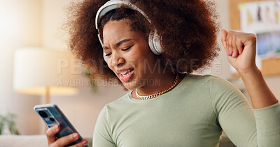 Buy stock photo Headphones, mobile and woman with music in home, edm or streaming subscription for dancing to audio. Radio, phone and African person in living room for sound, singing and listen to hip hop playlist