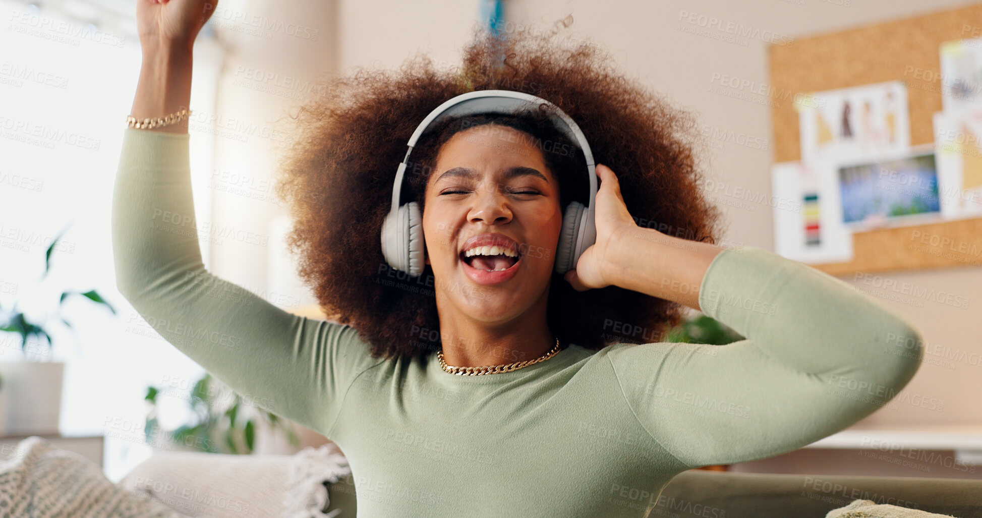 Buy stock photo Fun, listening and woman with headphones, house and streaming of music, singing or online for sound. Home, digital and dancing in living room, hearing and subscription for audio, African or apartment