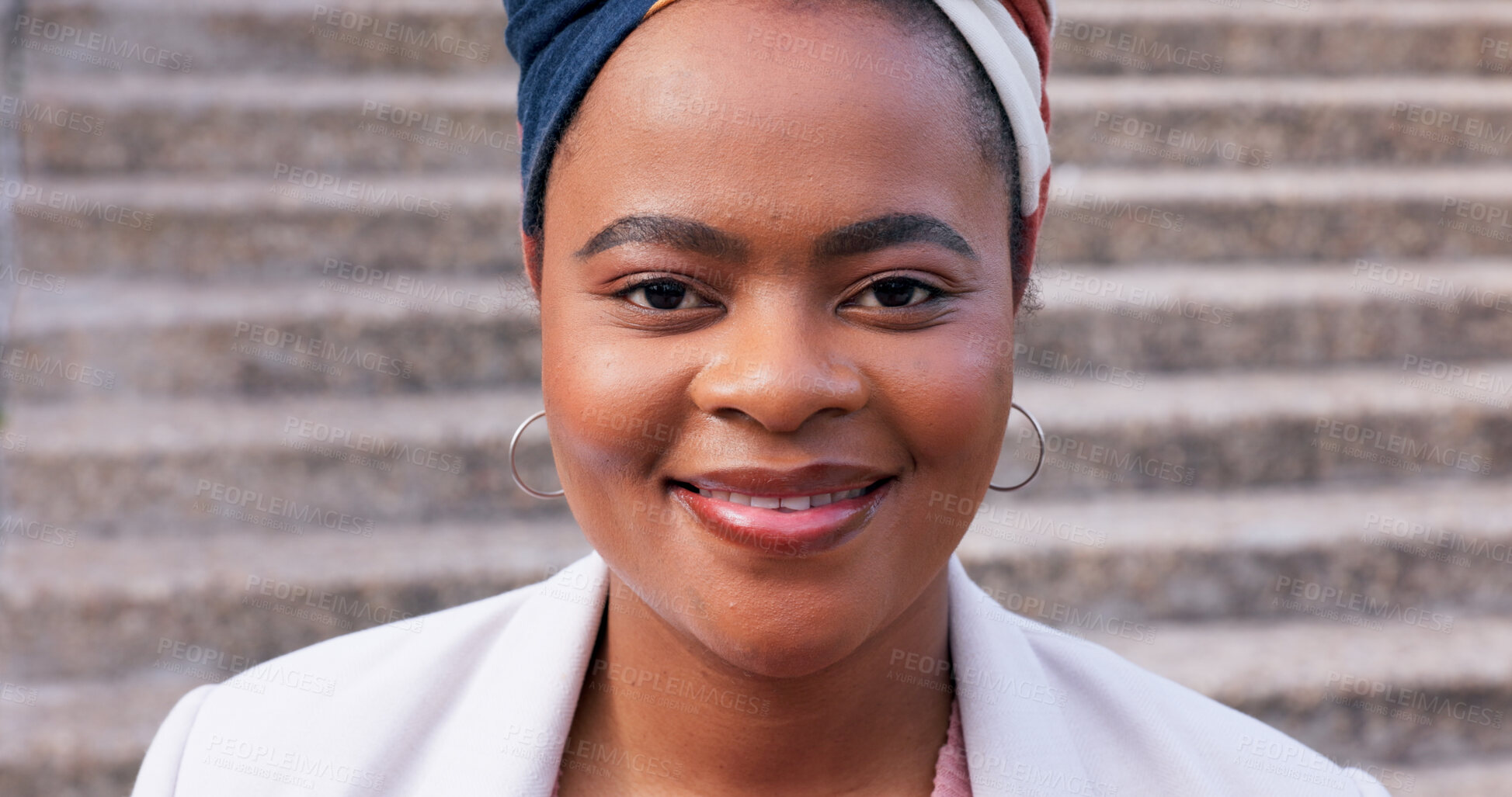 Buy stock photo Outdoor, business and black woman with smile on portrait for commuting to workplace in Kenya. Female person, employee and proud or confident for care growth, job opportunity and vision as lawyer