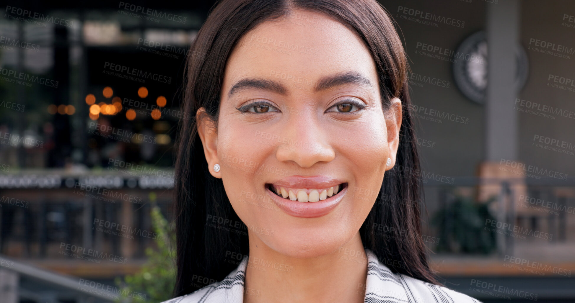 Buy stock photo Happy, restaurant and portrait of business woman in city for hospitality industry with smile. Professional, owner and face of person by cafe for entrepreneurship startup with confidence and pride