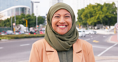 Buy stock photo Islamic woman, happy and portrait in city for travel, fashion and religious pride in Saudi Arabia. Mature person, Muslim and outdoor in Abu Dhabi with hijab, confidence or face with smile for holiday