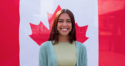 Buy stock photo Portrait, smile and woman with Canadian flag for national pride, support and heritage. Face, happy and girl with Canada banner on background for patriotism, sports fan and representation for culture