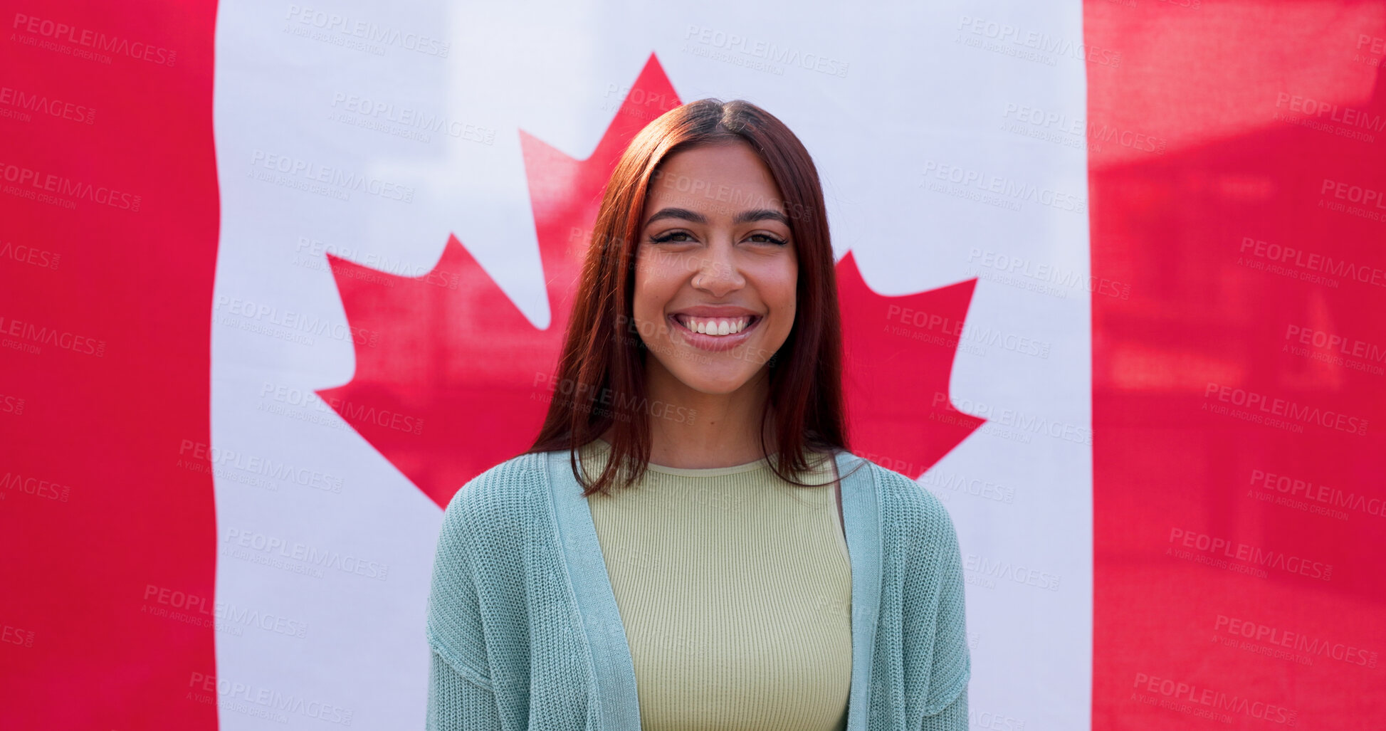 Buy stock photo Portrait, smile and woman with Canadian flag for national pride, support and heritage. Face, happy and girl with Canada banner on background for patriotism, sports fan and representation for culture