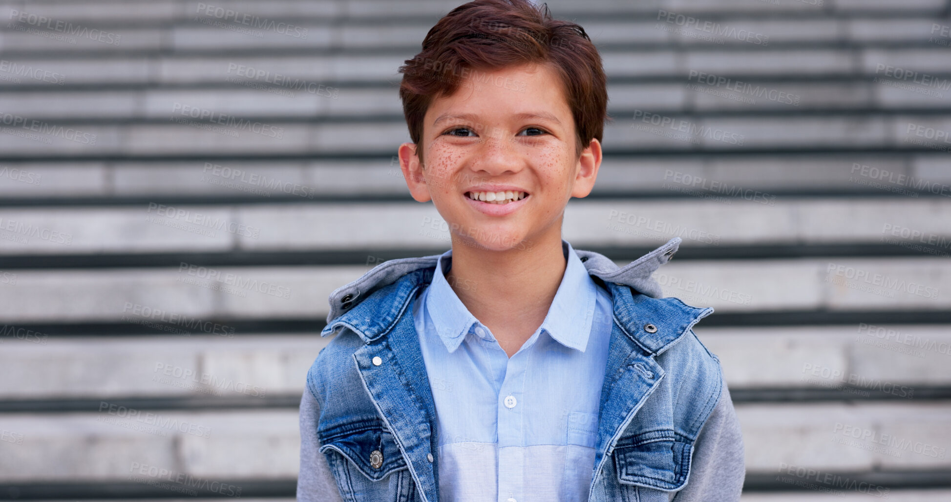 Buy stock photo Outdoor, boy fashion and happy in portrait as child in city for smile and joyful for casual clothes in France. Male person, kid and proud or satisfied in confidence with street style outfit.