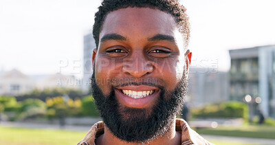 Buy stock photo Black man, happy and portrait for travel in city with pride, confidence and outdoor in sunshine on metro road. Person, smile and excited for commute, journey or adventure on urban sidewalk in Nigeria