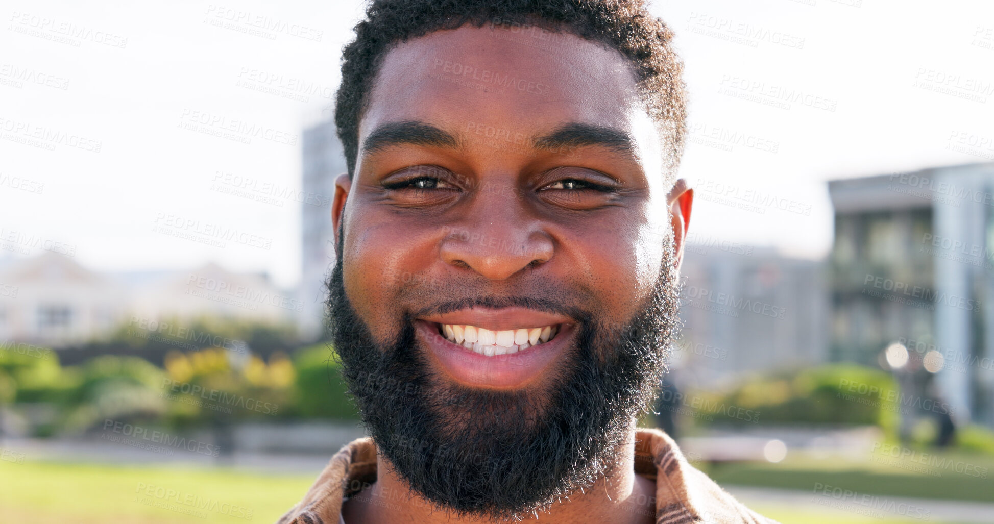 Buy stock photo Black man, happy and portrait for travel in city with pride, confidence and outdoor in sunshine on metro road. Person, smile and excited for commute, journey or adventure on urban sidewalk in Nigeria