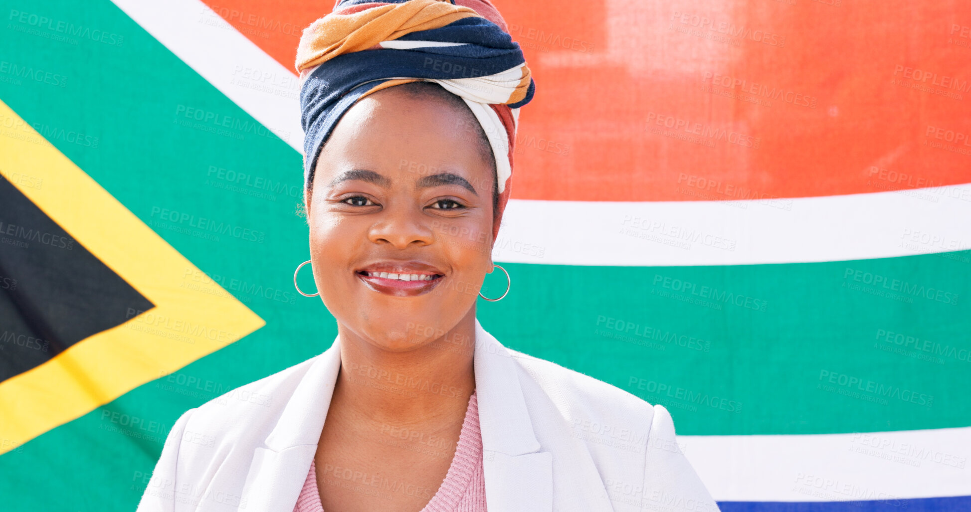 Buy stock photo Portrait, black woman and South African flag with smile, national pride and patriotism for country. Female person, happiness and confidence for politics, democracy and human rights as freedom or vote