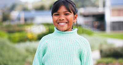 Buy stock photo Portrait, smile and sustainability with Indian child outdoor in garden for eco friendly fashion. Conservation, development or growth and happy girl in nature with going green mindset for planet earth