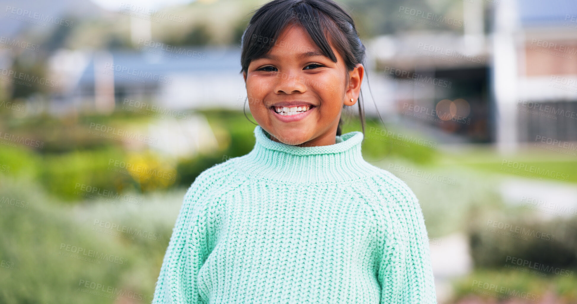 Buy stock photo Portrait, smile and sustainability with Indian child outdoor in garden for eco friendly fashion. Conservation, development or growth and happy girl in nature with going green mindset for planet earth