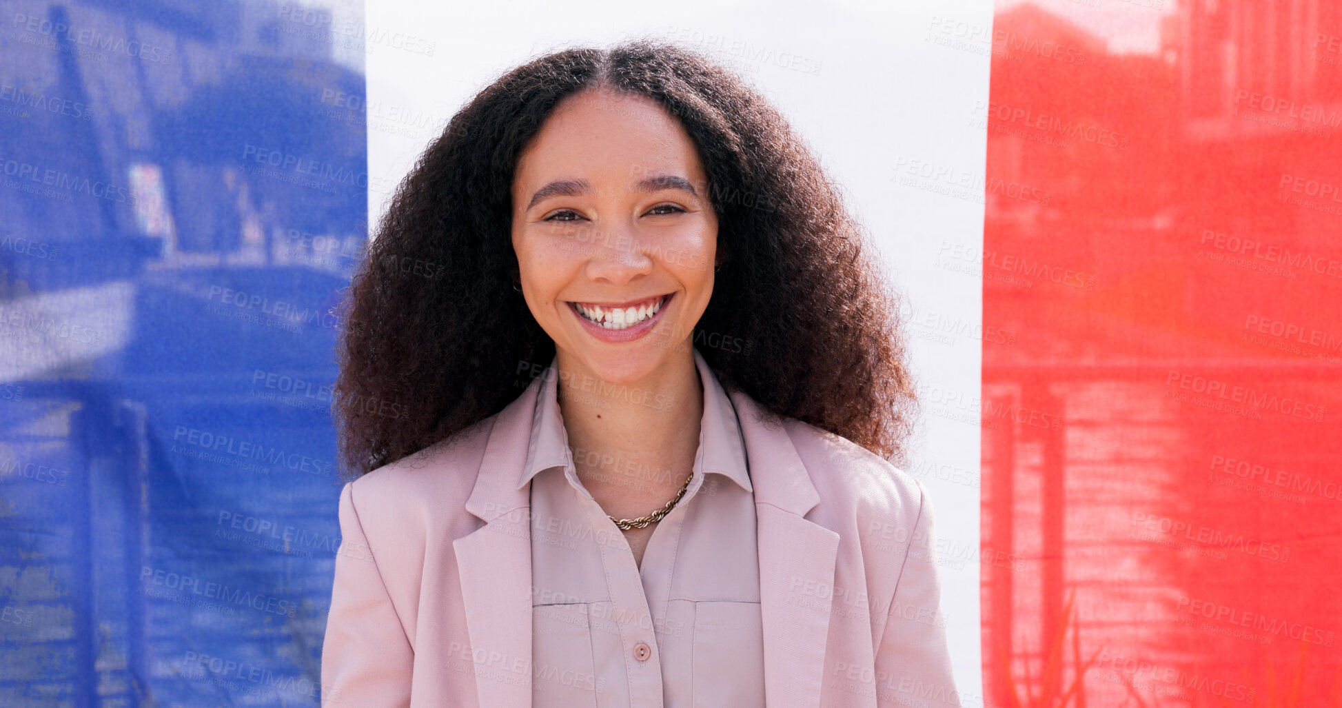 Buy stock photo Portrait, business and happy woman with French flag for national pride, support or immigration. Face, smile and girl with France banner for patriotism, sports fan or culture with tricolor background