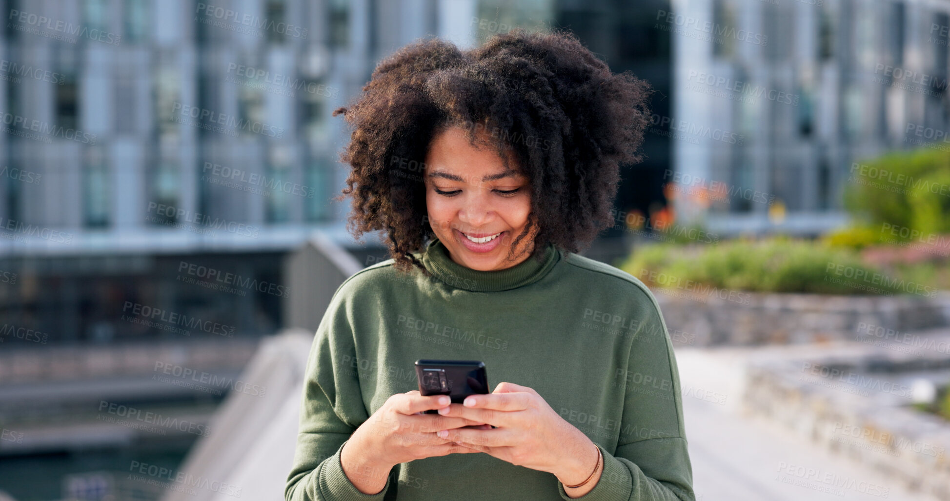 Buy stock photo Cellphone, happy and woman in city typing for communication, networking or contact with mobile app. Tech, travel and female person with smile on social media with phone outdoor in town for texting