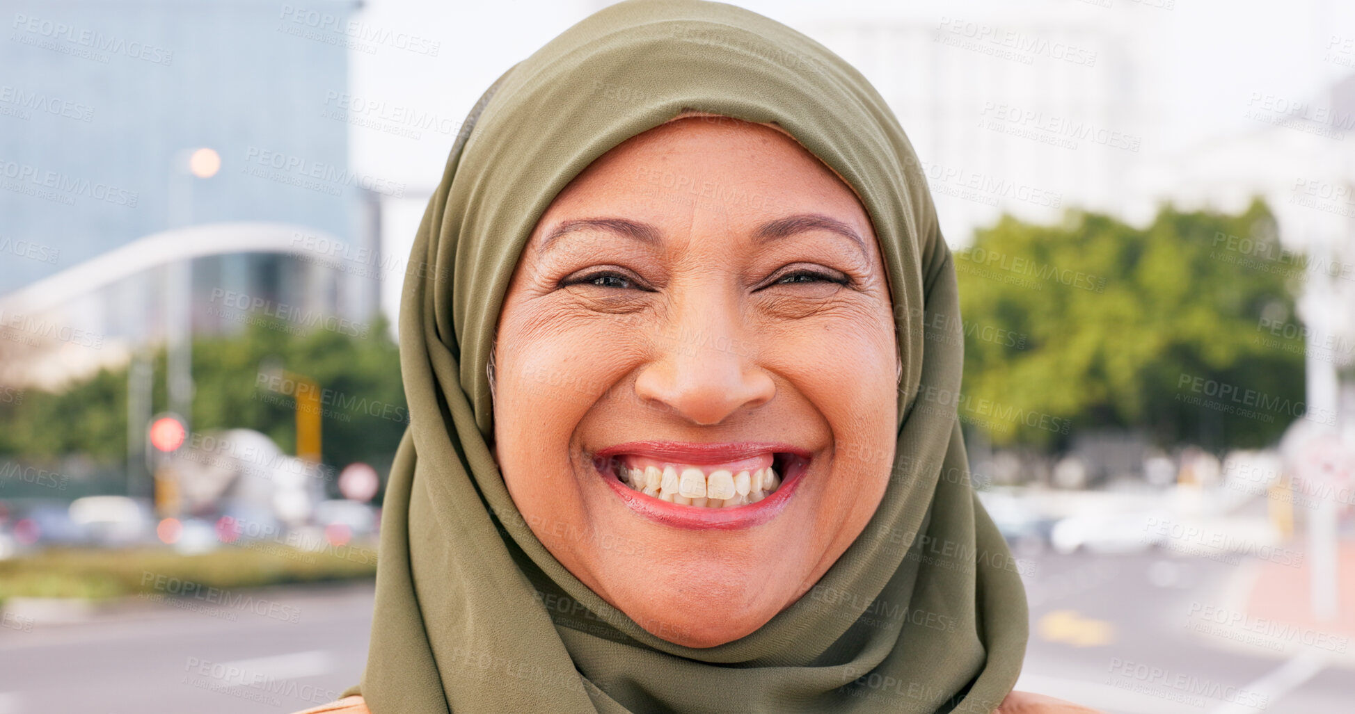 Buy stock photo Muslim woman, happy and portrait in city for travel, commute and religious pride in Saudi Arabia. Mature person, Islam and outdoor in Abu Dhabi with hijab, confidence and face with smile for holiday