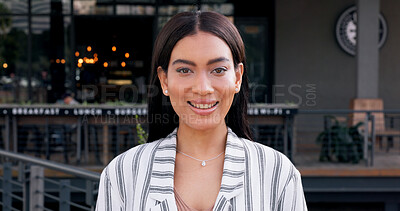 Buy stock photo Happy, city and portrait of business woman with smile by restaurant for hospitality industry. Professional, owner and face of person by cafe for entrepreneurship startup with confidence and pride