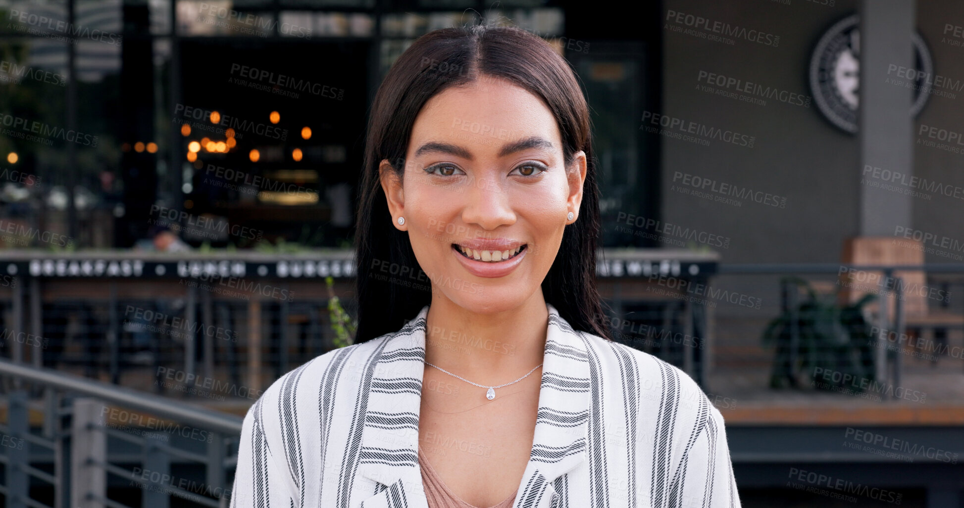 Buy stock photo Happy, city and portrait of business woman with smile by restaurant for hospitality industry. Professional, owner and face of person by cafe for entrepreneurship startup with confidence and pride