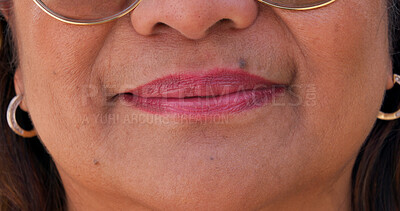 Buy stock photo Smile, lips and closeup of mature woman for happiness, joy and facial expression. Mouth care, oral hygiene and face zoom of person with cosmetic lipstick for confidence, aesthetic makeup and health