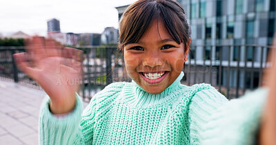 Buy stock photo Portrait, child and outdoor with selfie, happiness and cheerful wave for healthy teeth or oral care. Girl, smile and excited for photography or social media post for wellness, growth or dental health
