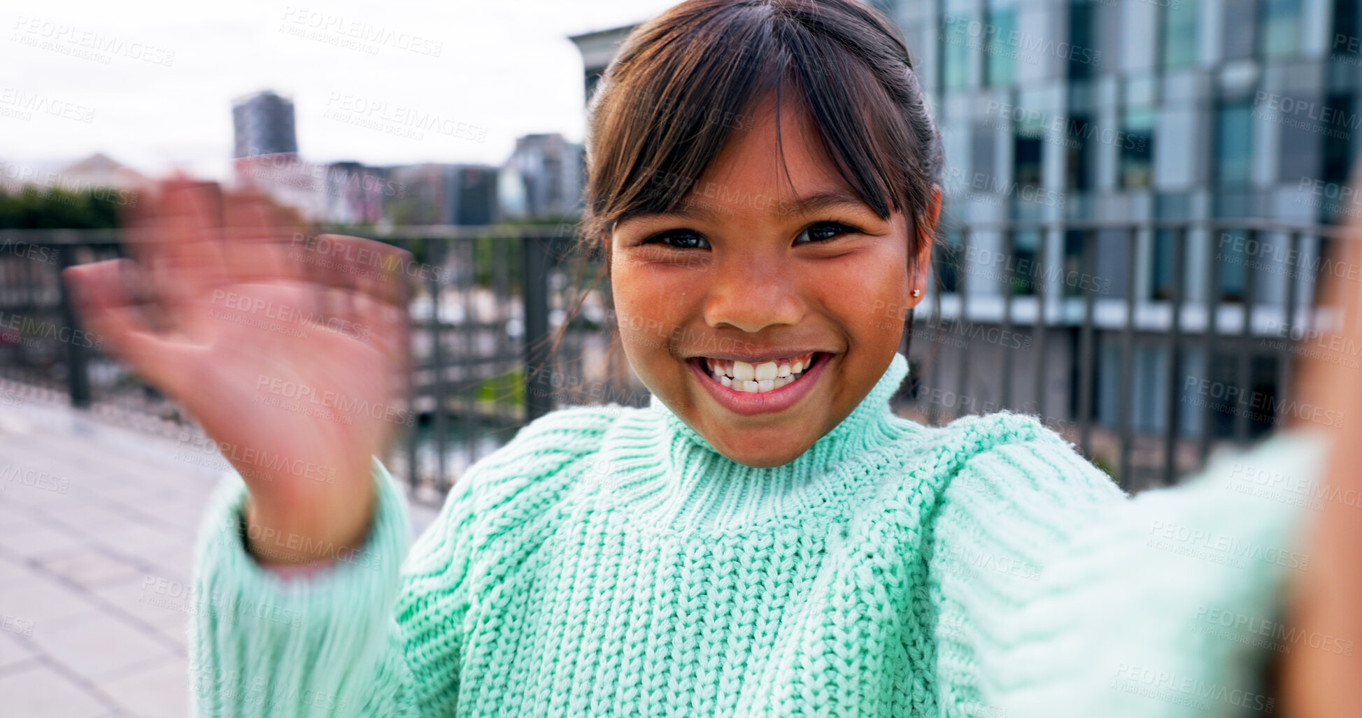 Buy stock photo Portrait, child and outdoor with selfie, happiness and cheerful wave for healthy teeth or oral care. Girl, smile and excited for photography or social media post for wellness, growth or dental health