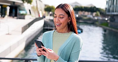 Buy stock photo Smile, phone and connection with woman in city for communication, social media post and networking app. Technology, internet and digital world with person and mobile for text message and contact